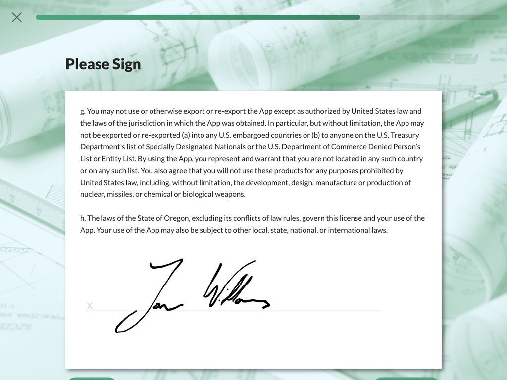 iPad screenshot asking to sign an agreement.